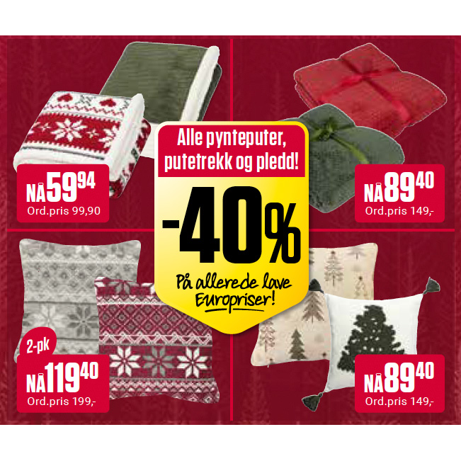 Europris 40% Pynteputer Putetrekk Pledd 1. 7.Des