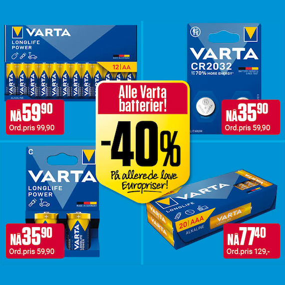 Europris 40% Varta Batterier U4