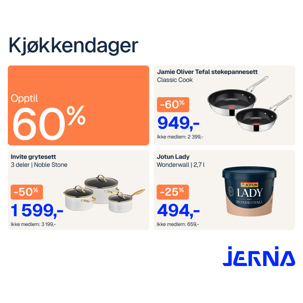Jernia Opptil 60% Kjøkkendager 5.Mars 5.April